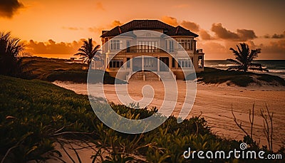 Tropical sunset over abandoned bungalow, palm tree, and tranquil coastline generated by AI Stock Photo