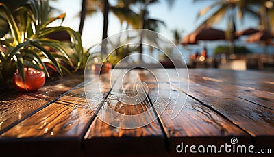 Tropical sunset, palm tree, sand, and swimming pool beauty generated by AI Stock Photo