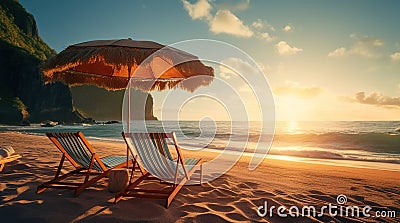 Tropical sunset on a sunny beach with two sunbeds and an umbrella, generative ai Stock Photo