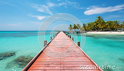 Tropical sunset, turquoise water, palm trees paradise vacation generated by AI Stock Photo
