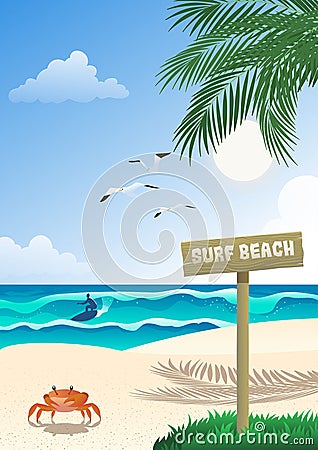 Tropical Surfing Beach Vector Illustration