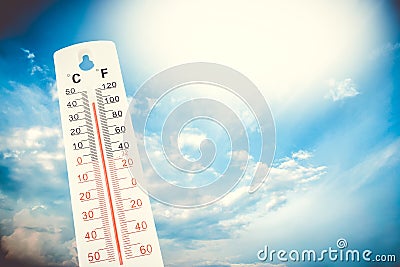 Tropical temperature, measured on an outdoor thermometer, global heat wave. Stock Photo