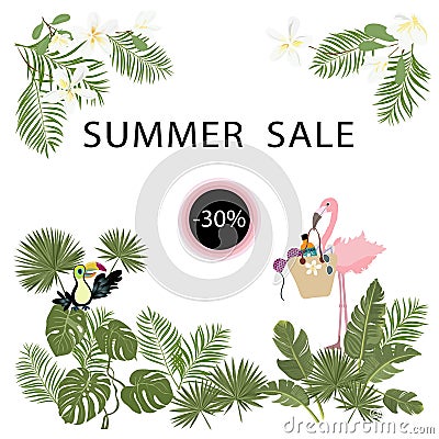 Tropical template for summer sale poster, banner, postcard, flowers, plantn, flamingo, toucan birds Vector isolated Vector Illustration