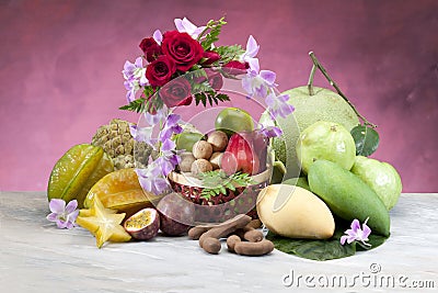 Tropical Thai fruits display on the basket Stock Photo