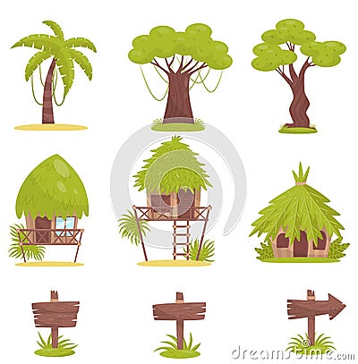 Tropical tree, bungalows and old wooden road signs, design elements of tropical jungle forest landscape vector Vector Illustration