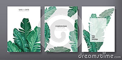 Tropical trendy greeting or invitation card template design, set of poster, flyer, brochure, cover, party advertisement Vector Illustration