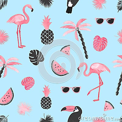 Tropical trendy pattern with watercolor flamingo, watermelon slices and palm leaves. Vector Illustration