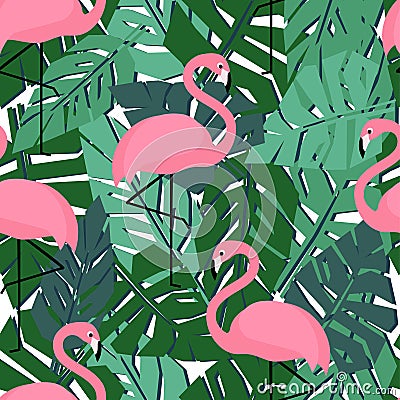 Tropical trendy seamless pattern with flamingos and palm leaves. Vector Illustration