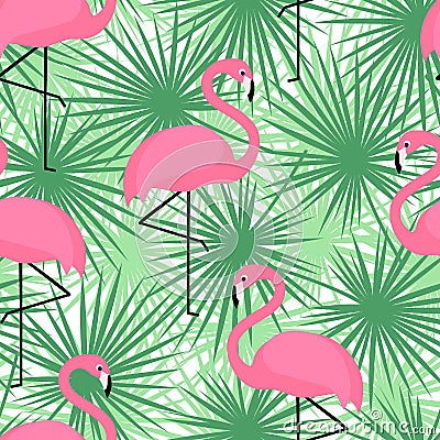 Tropical trendy seamless pattern with flamingos and palm leaves. Exotic Hawaii art background. Vector Illustration