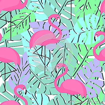 Tropical trendy seamless pattern with flamingos and palm leaves. Vector Illustration