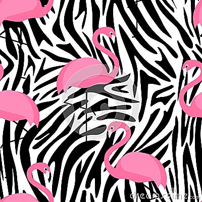 Tropical trendy seamless pattern with flamingos and zebra print. Vector Illustration