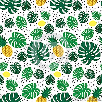 Tropical trendy seamless pattern with pineapples, lemons and green palm leaves on white background. Vector Illustration