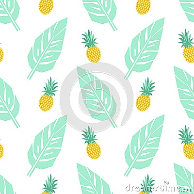 Tropical trendy seamless pattern with pineapples and mint green palm leaves on white background Vector Illustration