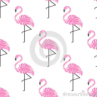 Tropical trendy seamless pattern with pink decorative flamingos from palm leaves on white background. Vector Illustration