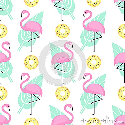 Tropical trendy seamless pattern with pink flamingos, donuts and green palm leaves on white background. Vector Illustration