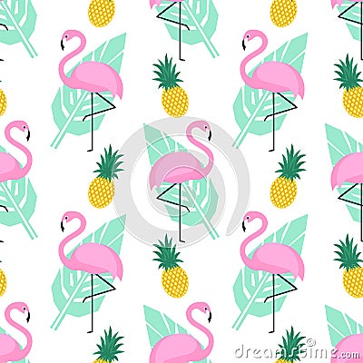 Tropical trendy seamless pattern with pink flamingos, pineapples and green palm leaves on white background. Vector Illustration