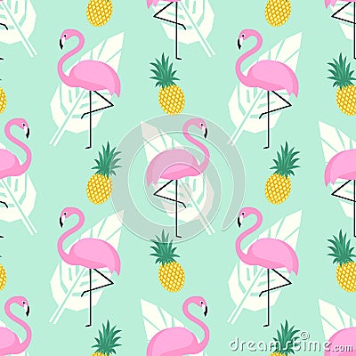 Tropical trendy seamless pattern with pink flamingos, pineapples and palm leaves on mint green background. Vector Illustration