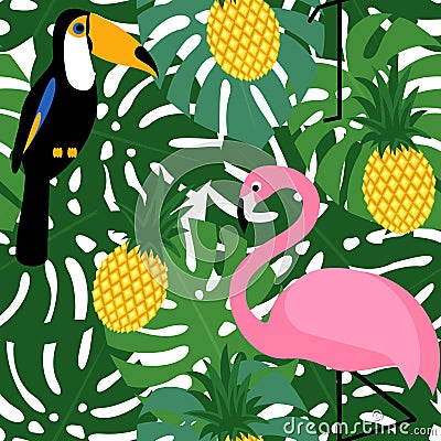 Tropical trendy seamless pattern with pink flamingos, toucans, pineapples and green palm leaves. Vector Illustration