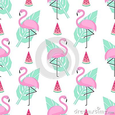 Tropical trendy seamless pattern with pink flamingos, watermelon and mint green palm leaves on white background. Vector Illustration