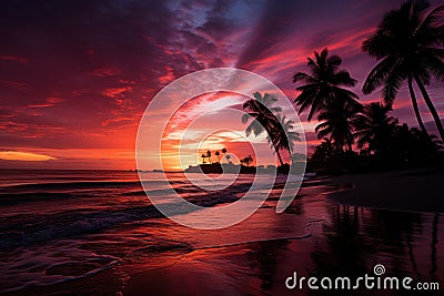 Tropical twilight purple sunset over palm lined beach, sunrise and sunset wallpaper Stock Photo