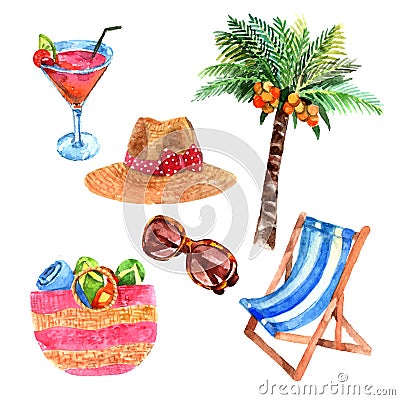 Tropical vacation travel watercolor icons set Vector Illustration