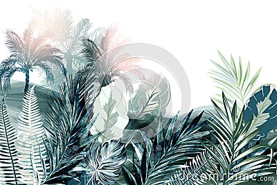 Tropical vector background or wallpaper poster with palm treed and green leaves, watercolor realistic style Cartoon Illustration