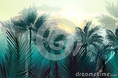 Tropical vector jungle landscape with palm trees and leafs. Stock Photo