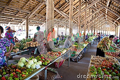 Tropical vegetables and fruits at market hall in Rabaul, Papua New Guinea Editorial Stock Photo