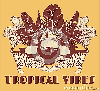 Tropical vibes. Vector hand drawn illustration of pretty woman with palm leaves , flowers, tigers isolated Vector Illustration