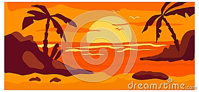 Tropical view landscape, hot country wild beach red sunset concept woodland background nature banner cartoon vector Vector Illustration