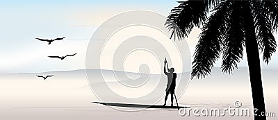 Tropical view with palm tree at sunset. Fishermen Vector Illustration