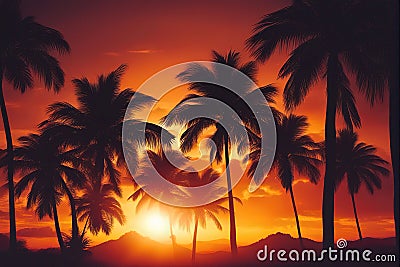 Tropical view with palm trees against sky at sunset, tropical holiday landscape Cartoon Illustration