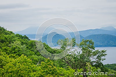 Tropical view of Usu mountain from ropeway or cable car at Hokkaido, Japan. Stock Photo