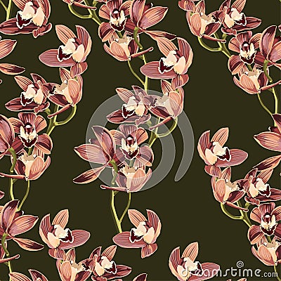 Tropical vintage beige brown orchid flower seamless pattern, darck green background. Stock Photo