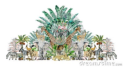 Tropical vintage botanical island. Watercolor border with safari animals and palm trees. Stock Photo
