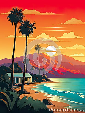 Tropical vista illustration transports you to an exotic paradise where palm trees Cartoon Illustration