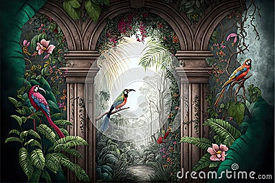 Tropical wall arch wallpaper palm trees birds and parro Stock Photo