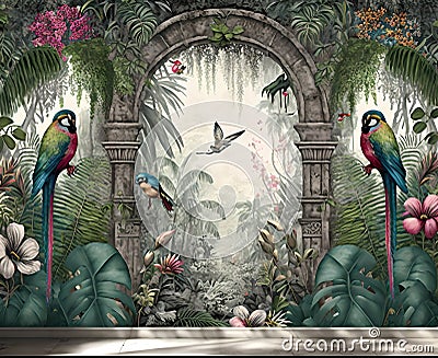 Tropical wall arch wallpaper palm trees birds and parro Stock Photo