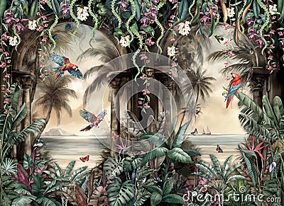 Tropical wall arch wallpaper palm trees, birds parrot in the forest land escape with flying butterflies Stock Photo