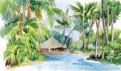 Tropical watercolor beach with palm trees and hut vector illustration Vector Illustration