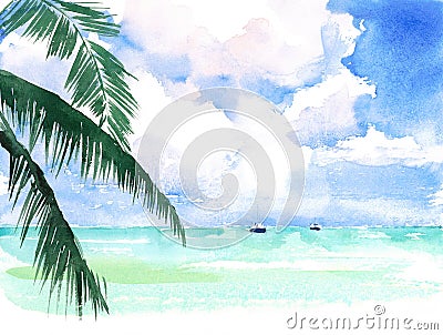 Tropical Watercolor Caribbean Exotic Coast Seascape Scenic Ocean Beach hand painted illustration Cartoon Illustration