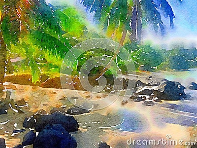 Tropical watercolor palm trees by the beach in Hawaii Stock Photo
