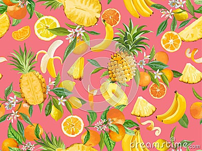 Tropical watercolor pineapple, banana, lemon, mandarin, orange seamless background. Summer exotic fruits Vector Illustration