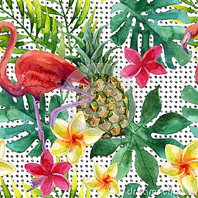 Tropical watercolor pineapple, flowers and leaves with shadows Cartoon Illustration