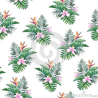 Tropical watercolor seamless pattern with bouquets of exotic flowers. Stock Photo