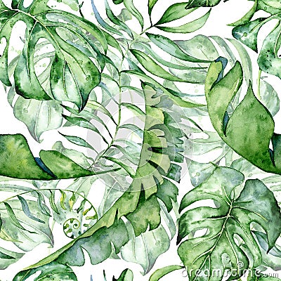 Tropical watercolor seamless pattern with green leaves illustration Cartoon Illustration