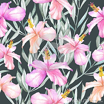 Tropical watercolor seamless pattern with hibiscus and eucalyptus. Stock Photo