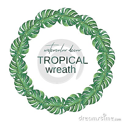 Tropical watercolor wreath of leaves on a white background. Stock Photo