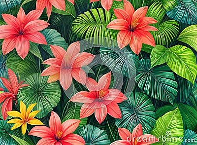 Tropical watercolour with vintage blooms and texture. Stock Photo