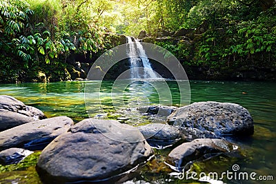 Tropical waterfall Lower Waikamoi Falls and a small crystal clear pond, inside of a dense tropical rainforest, off the Road to Han Stock Photo